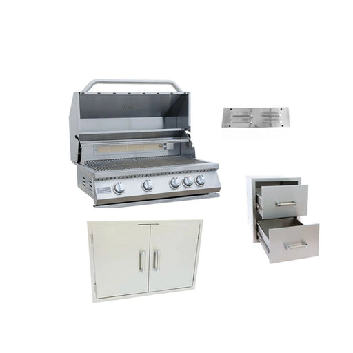Kokomo Grills 4 PIECE OUTDOOR KITCHEN PACKAGE DEAL with 32" 4 burner stainless steel grill, double door cabinet, drawers, and vent.