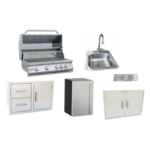 Kokomo Grills 6 PIECE OUTDOOR KITCHEN PACKAGE DEAL with 32" stainless steel 4 burner grill, fridge, sink, drawers, doors, and vent.