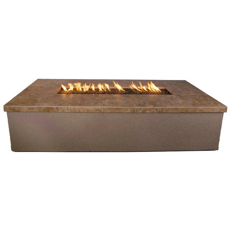 Kokomo Grills Entertainer Outdoor Fire Pit with fire-glass, 5'6" long, stone top, rectangular modern design, LP or NG fuel options.