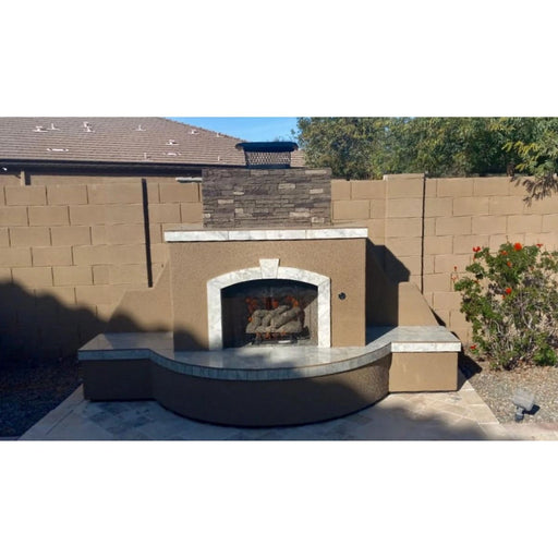 Kokomo Grills Santa Fe Fireplace-Straight with 10' length, stucco base, tile countertops, stone accent, and realistic gas logs.