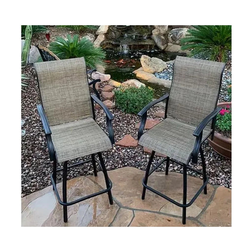 Kokomo Grills Two Outdoor Kitchen Barstools KO-2BS with swivel, armrests, premium sling fabric, and sturdy footrest in black frame.