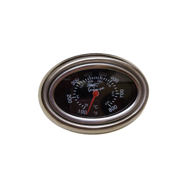 KoKoMo Grills Temperature Gauge - RP-BAK-TG with dual Fahrenheit and Celsius display, stainless steel bezel, Kokomo logo on dial.