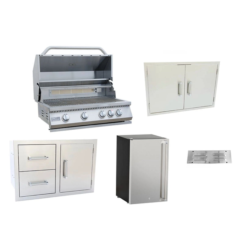 Kokomo Grills 5 PIECE OUTDOOR KITCHEN PACKAGE DEAL with 32" 4-burner stainless steel grill, drawers, doors, fridge, and vent.