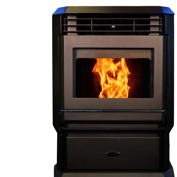 Black stove with visible flames inside on a white background