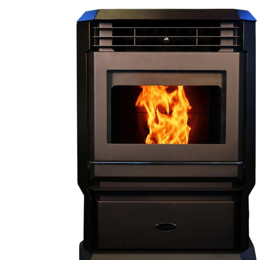 Black stove with visible flames inside on a white background