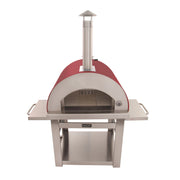 Kucht Outdoor Wood Fire Pizza Oven in yellow with stainless steel body, firebrick floor, foldable side tables, and chimney vent.