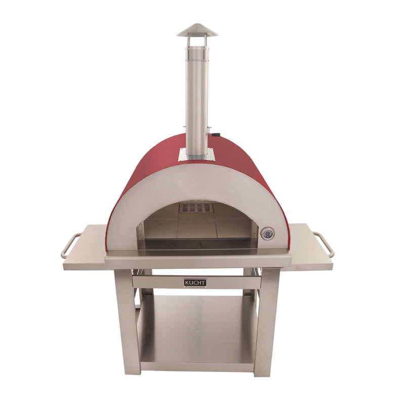 Kucht Outdoor Wood Fire Pizza Oven in yellow with stainless steel body, firebrick floor, foldable side tables, and chimney vent.