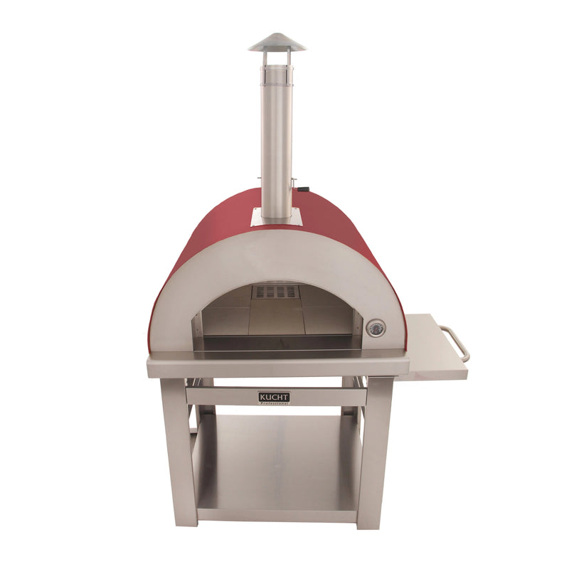Kucht Outdoor Wood Fire Pizza Oven in yellow with stainless steel body, chimney, foldable side table, and spacious firebrick interior.