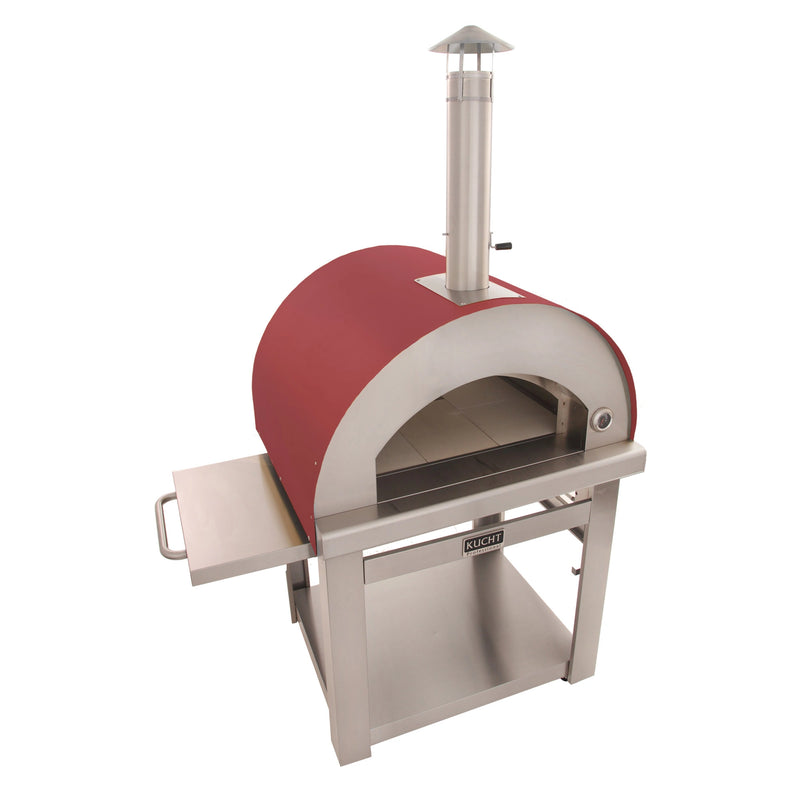 Kucht Outdoor Wood Fire Pizza Oven VENICE-R in red with stainless steel frame, chimney, and foldable side table for outdoor cooking.