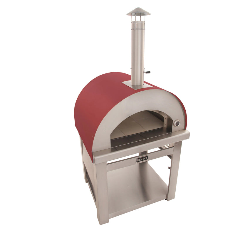 Kucht Outdoor Wood Fire Pizza Oven VENICE-R in stainless steel with red dome, chimney, and spacious firebrick interior.
