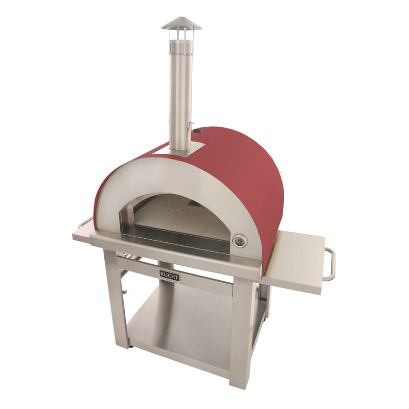 Kucht Outdoor Wood Fire Pizza Oven VENICE-R in red stainless steel with chimney and foldable side tables for outdoor cooking
