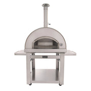 Kucht Outdoor Wood Fire Pizza Oven VENICE-S in stainless steel with chimney, foldable side tables, and firebrick interior floor.