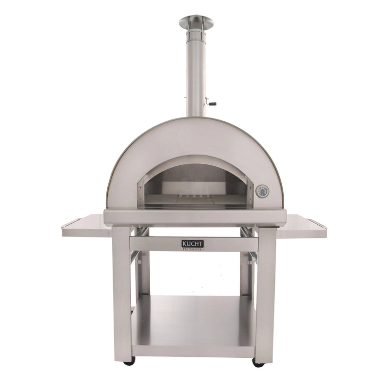 Kucht Outdoor Wood Fire Pizza Oven VENICE-S in stainless steel with chimney, foldable side tables, and firebrick interior floor.