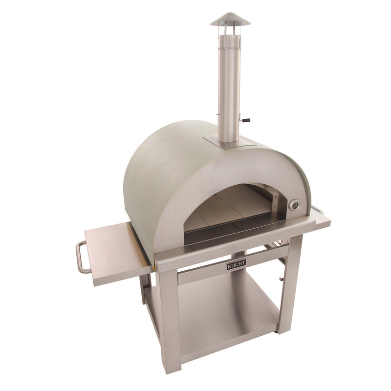 Kucht Outdoor Wood Fire Pizza Oven in yellow with stainless steel body, firebrick floor, chimney, and foldable side table