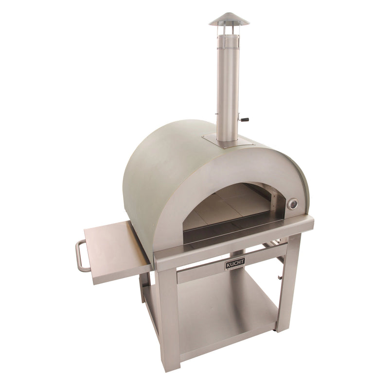 Kucht Outdoor Wood Fire Pizza Oven in yellow with stainless steel build, firebrick floor, chimney, and foldable side table.