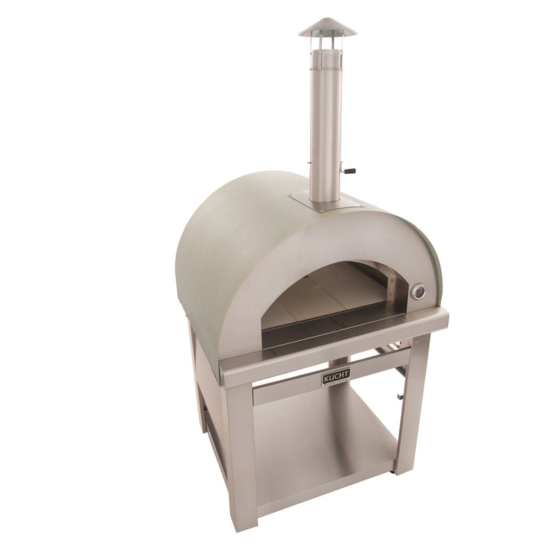 Kucht Outdoor Wood Fire Pizza Oven in yellow with stainless steel body, foldable side tables, chimney, and spacious firebrick interior.