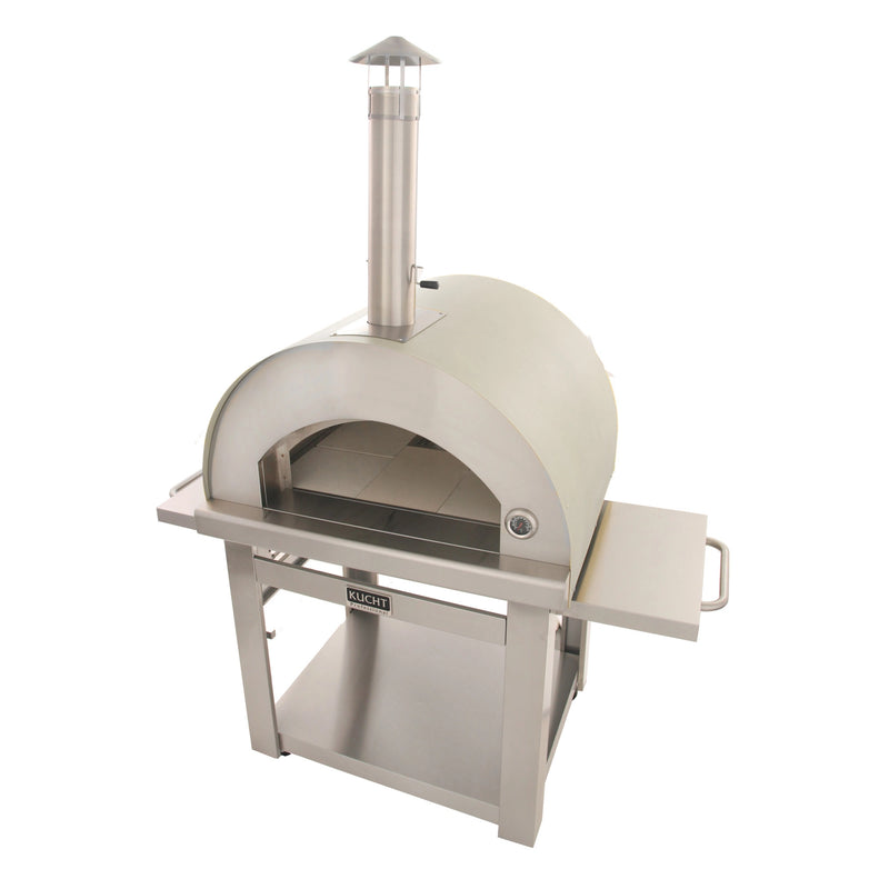 Kucht Outdoor Wood Fire Pizza Oven in stainless steel with chimney, foldable side tables, and firebrick interior floor