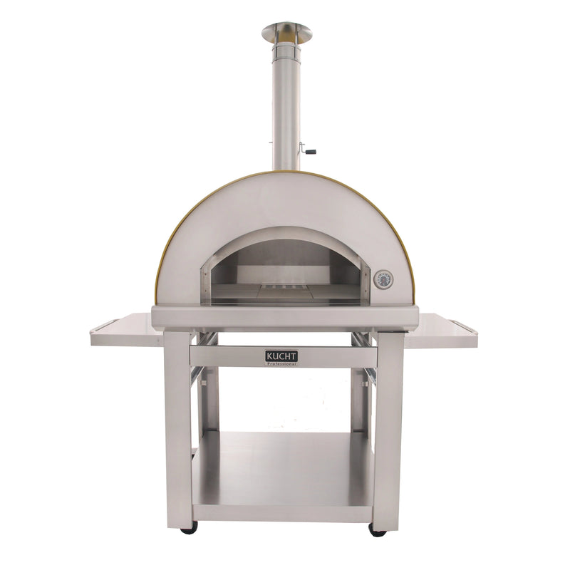 Kucht Outdoor Wood Fire Pizza Oven VENICE-Y in stainless steel with foldable side tables and chimney for authentic wood-fired cooking.