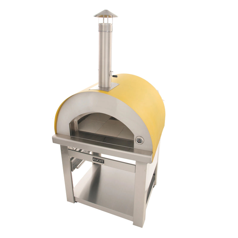 Kucht Outdoor Wood Fire Pizza Oven in yellow stainless steel with firebrick floor and chimney for authentic cooking.