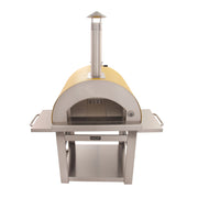 Kucht Outdoor Wood Fire Pizza Oven in Yellow with stainless steel frame, chimney, foldable side tables, and firebrick floor.