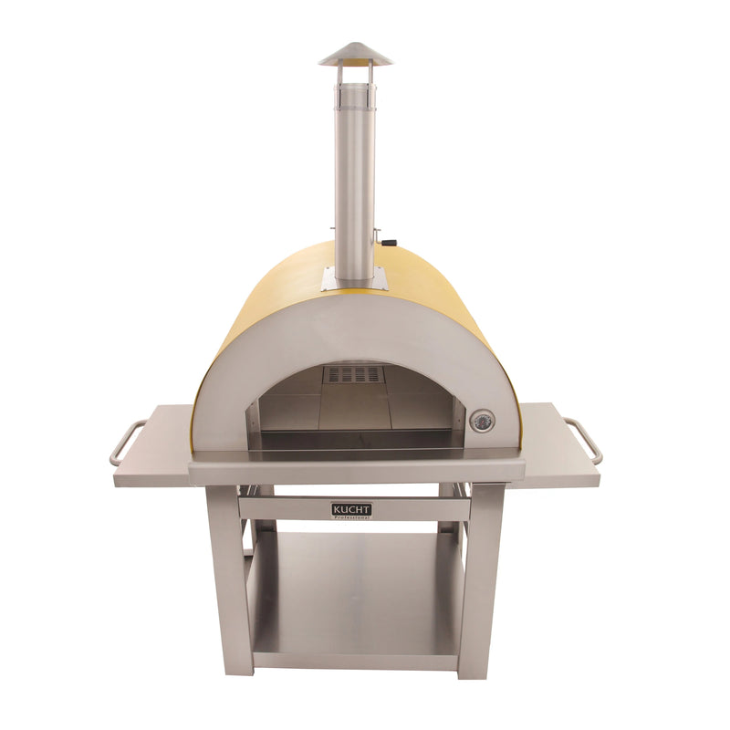 Kucht Outdoor Wood Fire Pizza Oven in Yellow with stainless steel frame, chimney, foldable side tables, and firebrick floor.