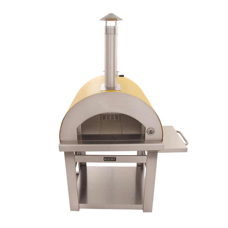 Kucht Outdoor Wood Fire Pizza Oven in Yellow with stainless steel construction, chimney, and foldable side table for outdoor cooking.