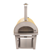 Kucht Outdoor Wood Fire Pizza Oven in Yellow with stainless steel body, firebrick floor, chimney, and foldable side tables.