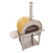 Kucht Outdoor Wood Fire Pizza Oven VENICE-Y in yellow stainless steel with chimney, foldable side tables, and firebrick floor.