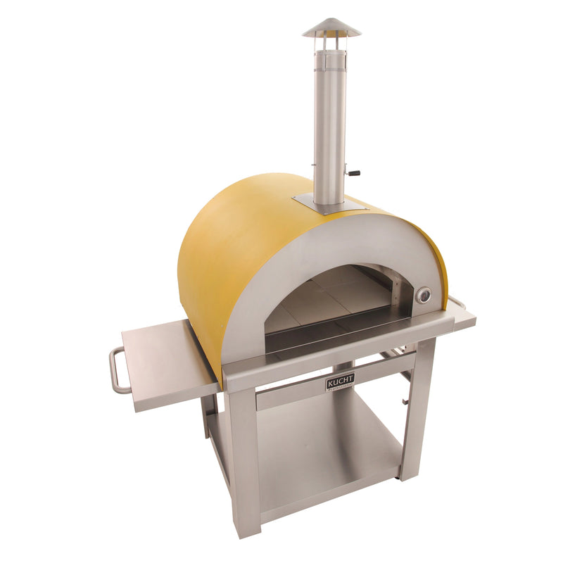 Kucht Outdoor Wood Fire Pizza Oven VENICE-Y in yellow stainless steel with chimney, foldable side tables, and firebrick floor.