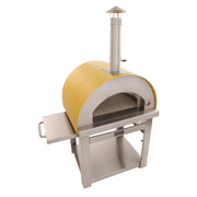 Kucht Outdoor Wood Fire Pizza Oven in Yellow with stainless steel frame, chimney, foldable side table, and spacious firebrick interior.