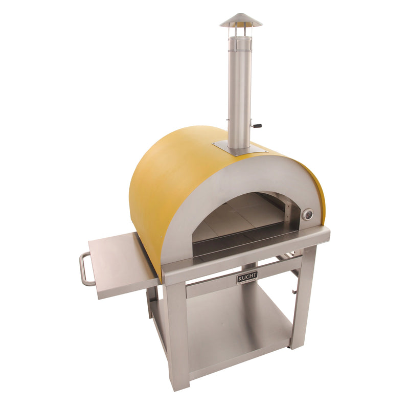 Kucht Outdoor Wood Fire Pizza Oven in Yellow with stainless steel frame, chimney, foldable side table, and spacious firebrick interior.