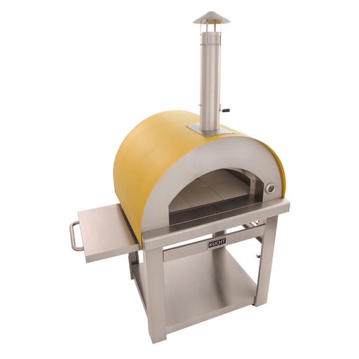 Kucht Outdoor Wood Fire Pizza Oven in Yellow with stainless steel frame, chimney, foldable side table, and spacious firebrick interior.