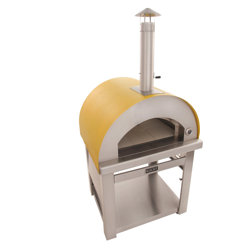 Kucht Outdoor Wood Fire Pizza Oven in Yellow with stainless steel body, chimney, and spacious firebrick cooking chamber