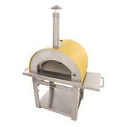 Kucht Outdoor Wood Fire Pizza Oven in Yellow with stainless steel body, chimney, foldable side tables, and firebrick flooring.