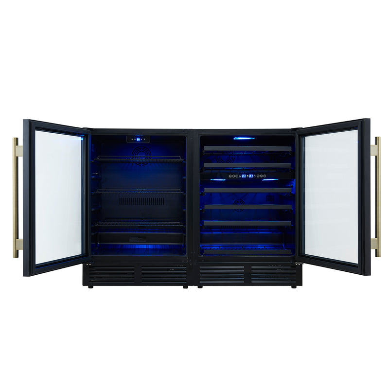 Forno Gemello 48 Inch Side-by-Side Wine and Beverage Cooler in Black with Antique Brass Handles, French Door, 9.6 cu. ft.