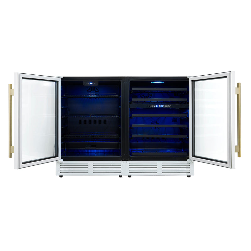 Forno Gemello 48 Inch Side-by-Side Wine and Beverage Cooler in White with Antique Brass Handles, French Door, 9.6 cu. ft.