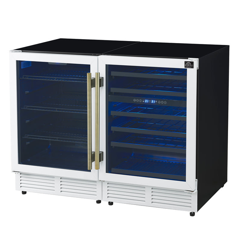 Forno Gemello 48 Inch Side-by-Side Wine and Beverage Cooler in White with Antique Brass Handles, French Door, 9.6 cu. ft.