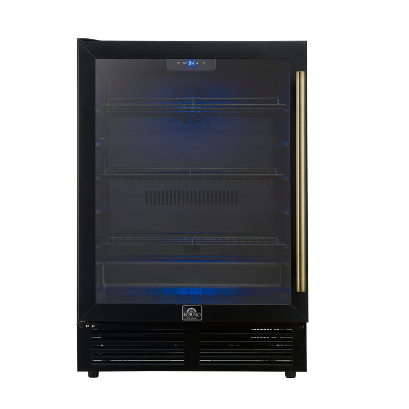 Forno Frescolino 24" Freestanding Beverage Cooler in Black, 188 Can Capacity, Triple-Layer Anti-UV Glass, Antique Brass Handles, FWCDR6665-24BLK