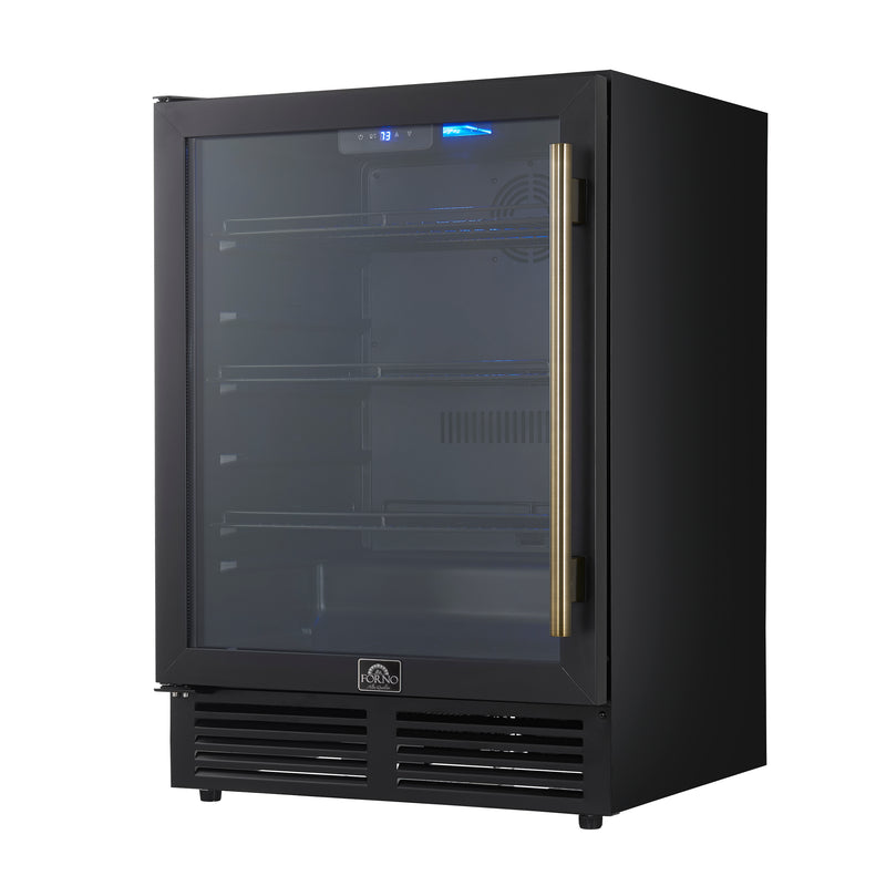 Forno Frescolino 24" Freestanding Beverage Cooler in Black, 188 Can Capacity, Triple-Layer Anti-UV Glass, Antique Brass Handles, FWCDR6665-24BLK
