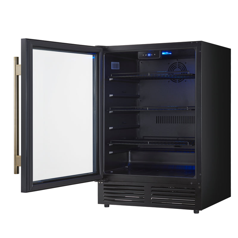 Forno Frescolino 24" Freestanding Beverage Cooler in Black, 188 Can Capacity, Triple-Layer Anti-UV Glass, Antique Brass Handles, FWCDR6665-24BLK