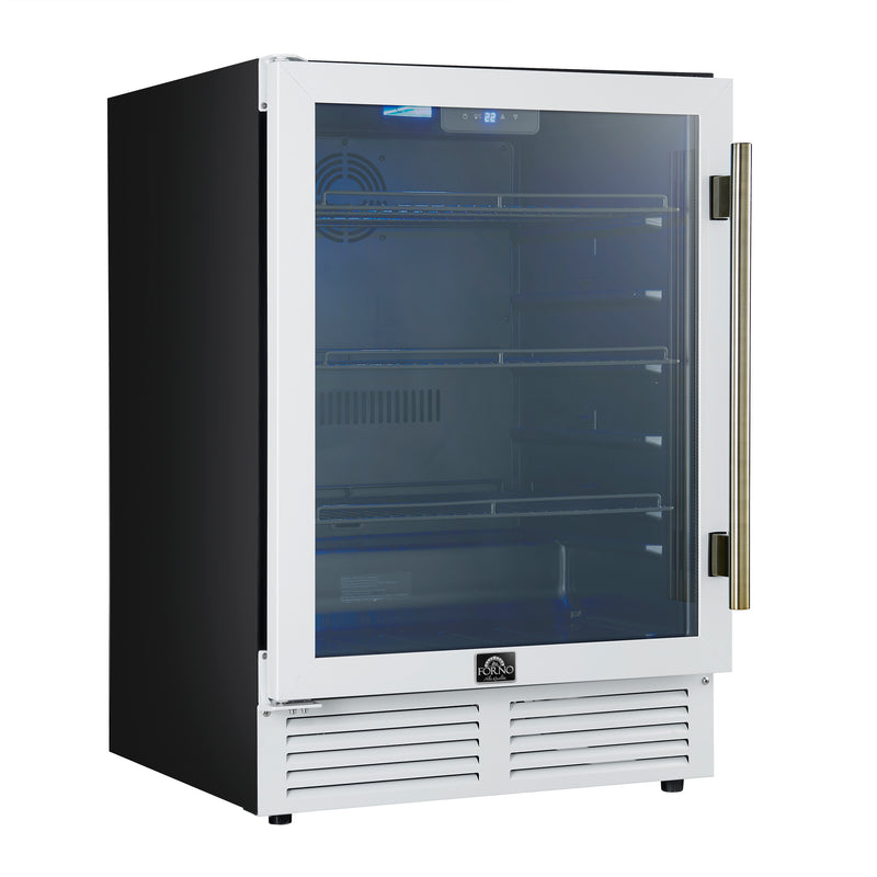Forno Frescolino 24" Freestanding Beverage Cooler in White, 188 Can Capacity, Triple-Layer Anti-UV Glass, Antique Brass Handles, FWCDR6665-24WHT