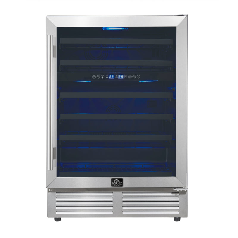 Forno Bacchino 24" Freestanding Wine Cooler in Stainless Steel, 51 Bottle Capacity, Dual Zone, Triple-Layer Anti-UV Glass, FWCDR6634-24S