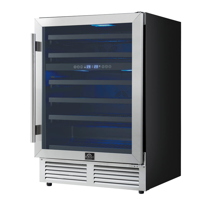 Forno Bacchino 24" Freestanding Wine Cooler in Stainless Steel, 51 Bottle Capacity, Dual Zone, Triple-Layer Anti-UV Glass, FWCDR6634-24S