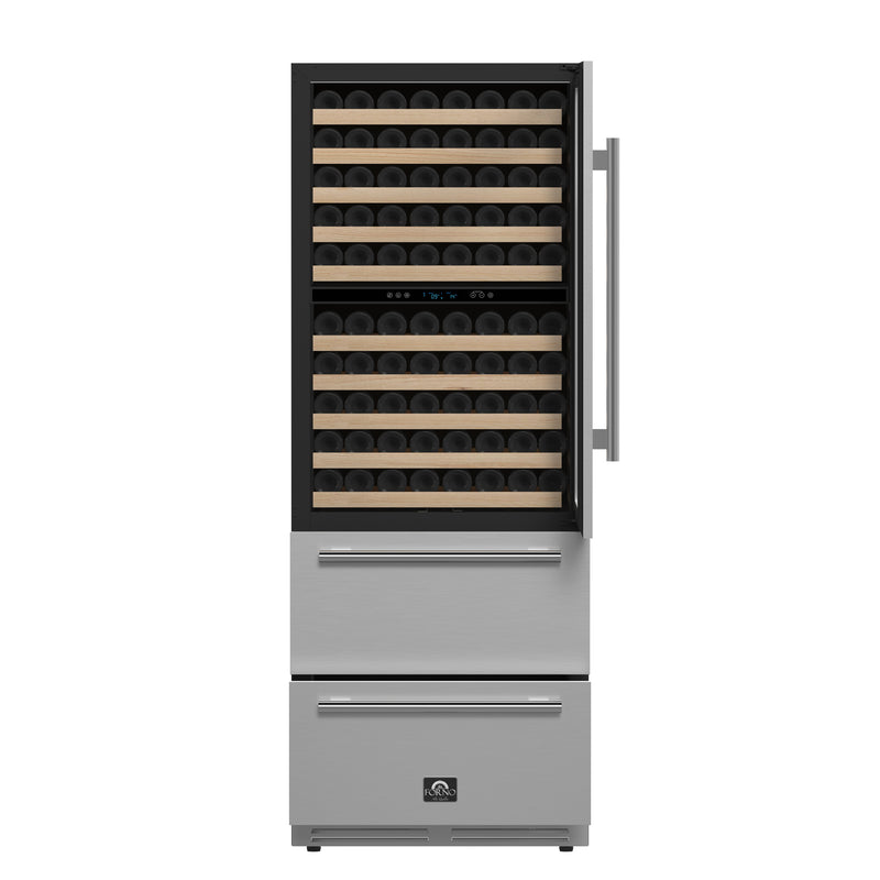 Forno Celano 30" Dual Zone Wine Cooler and Beverage Cooler in Stainless Steel, 21.3 cu.ft Capacity, 150 Bottle Storage, UV-Resistant Glass, FWCDR6697-30S