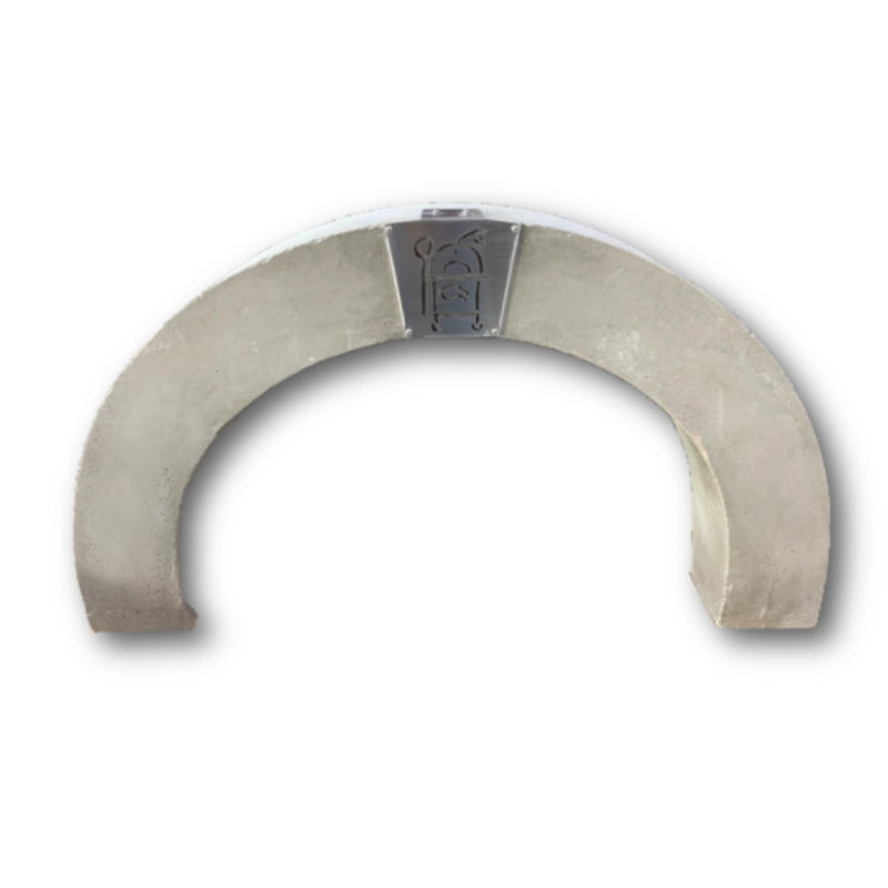 HPC Fire Inspired Di Napoli Series pizza oven arched front in refractory cement with decorative metal emblem for outdoor kitchens.
