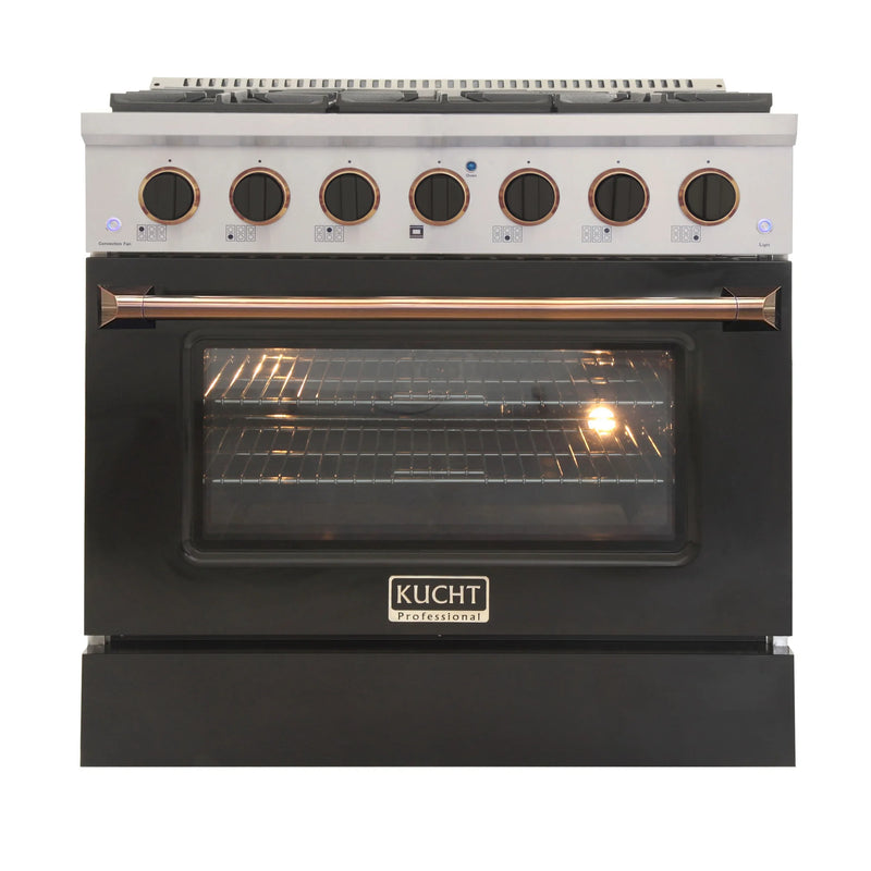 Kucht Professional 36" 5.2 cu ft. Propane Gas Dual Fuel Range with Black Door and Gold Knobs, KDF362/LP-K-GOLD