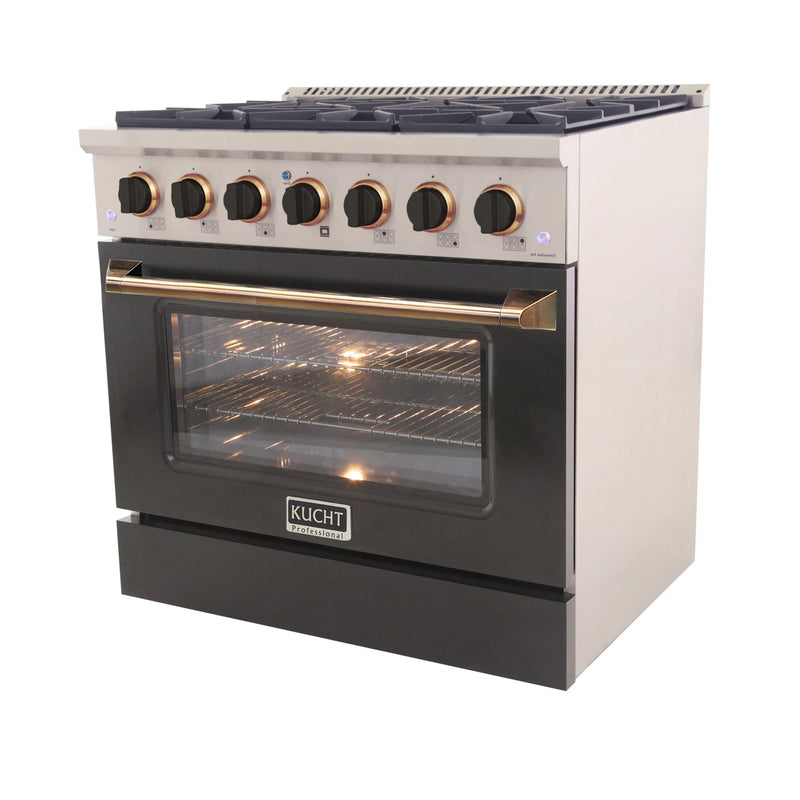 Kucht Professional 36" 5.2 cu ft. Natural Gas Range with Black Door and Gold Knobs, KNG361-K-GOLD