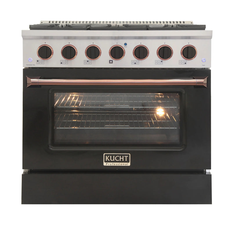 Kucht Professional 36" 5.2 cu ft. Propane Gas Dual Fuel Range with Black Door and Rose Gold Knobs, KDF362/LP-K-ROSE