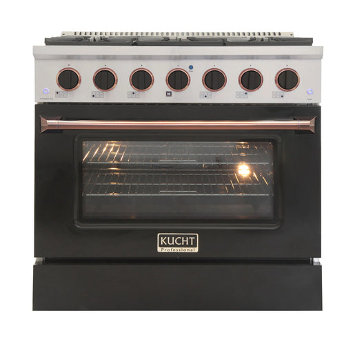 Kucht Professional 36" 5.2 cu ft. Propane Gas Range with Black Door and Rose Gold Knobs, KNG361/LP-K-ROSE