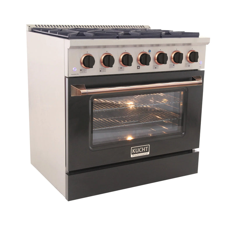 Kucht Professional 36" 5.2 cu ft. Natural Gas Dual Fuel Range with Black Door and Rose Gold Knobs, KDF362-K-ROSE